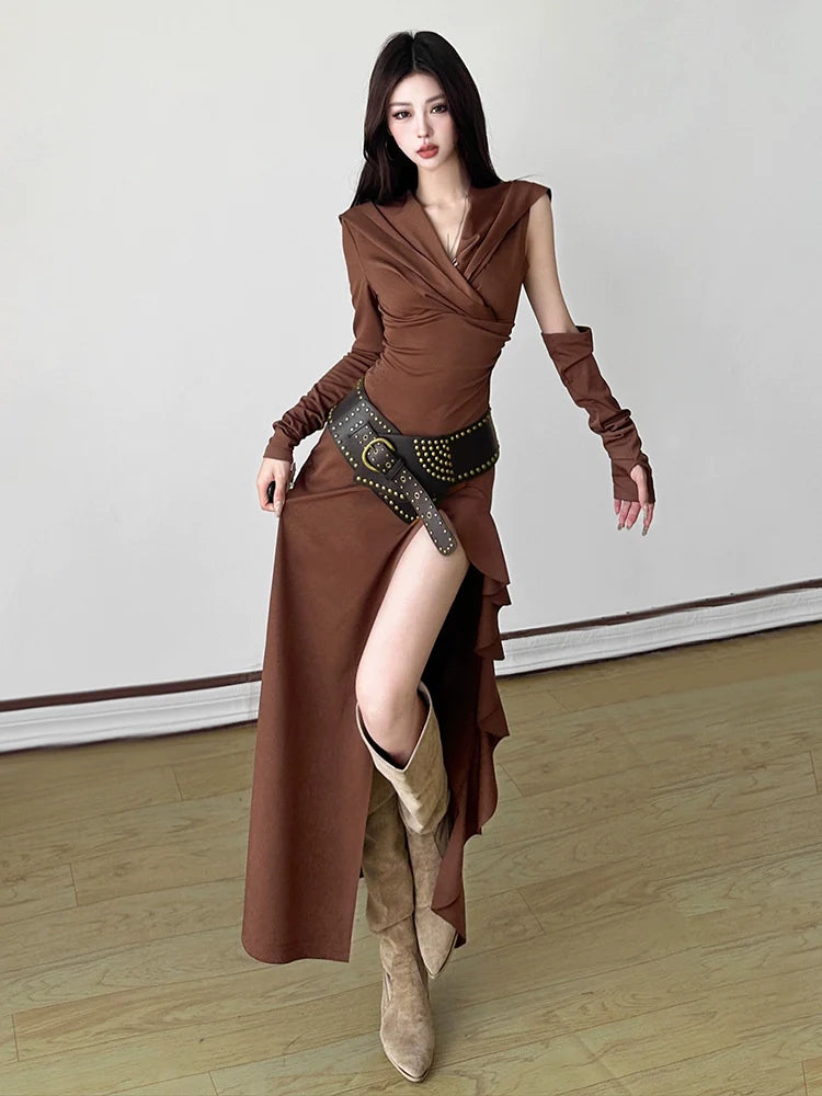 Early Autumn Maillard Wasteland Style Hooded Ruffled Slit Slimming Maxi Dress