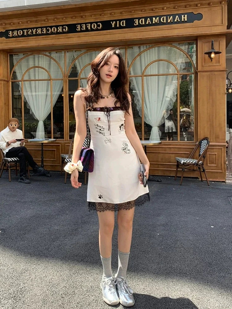 Fun Graffiti Print Lace-Paneled Halter Unique Design Summer Mini Dress