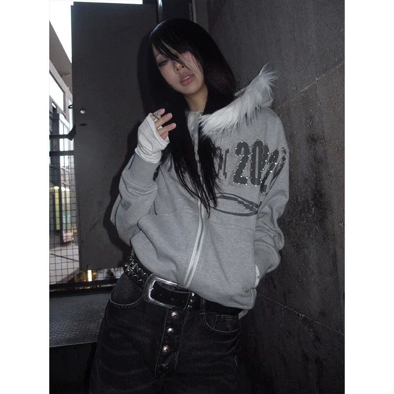 Y2K Visual Kei Fur-Lined Hoodie Autumn-Winter Heavyweight Short Zip-Up Pullover