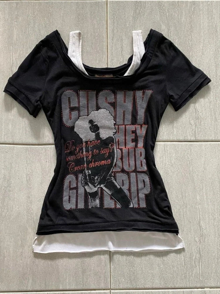Black Fake Two-Piece Short Sleeve Subculture Rock Punk Y2K Abi American Retro Top