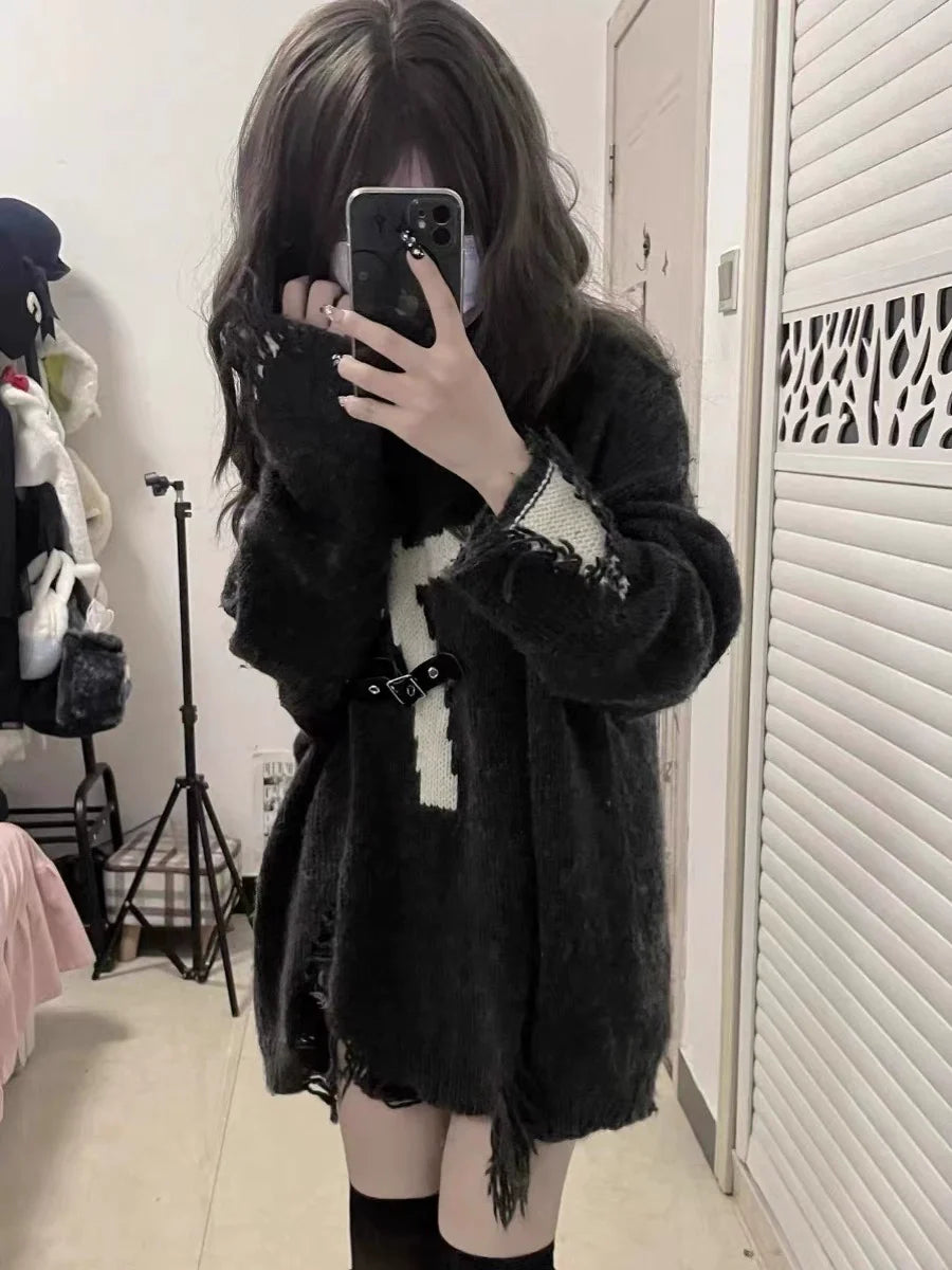 Y2K Punk Cross Distressed Mid-Length Sweater