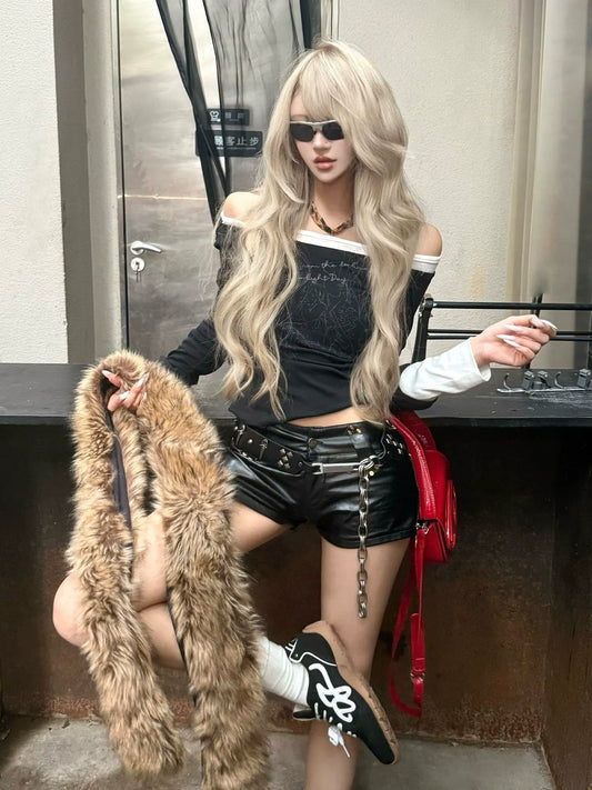 Y2K Light Asymmetric Long Sleeve Tee Autumn Colorblock Layered Top Slim Shoulder Cut