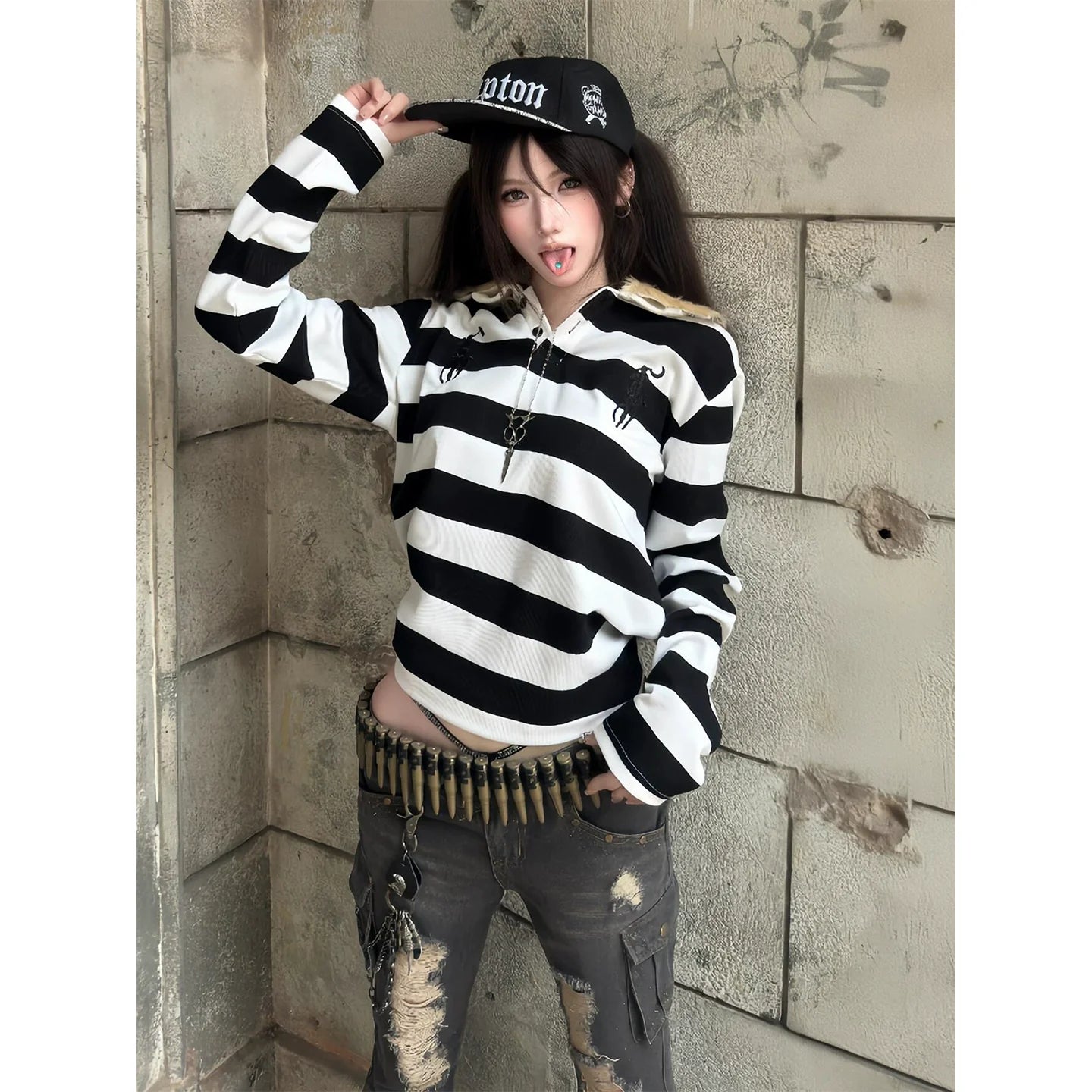 American Vintage Black & White Stripe Long Sleeve Tee Leopard Polo Top