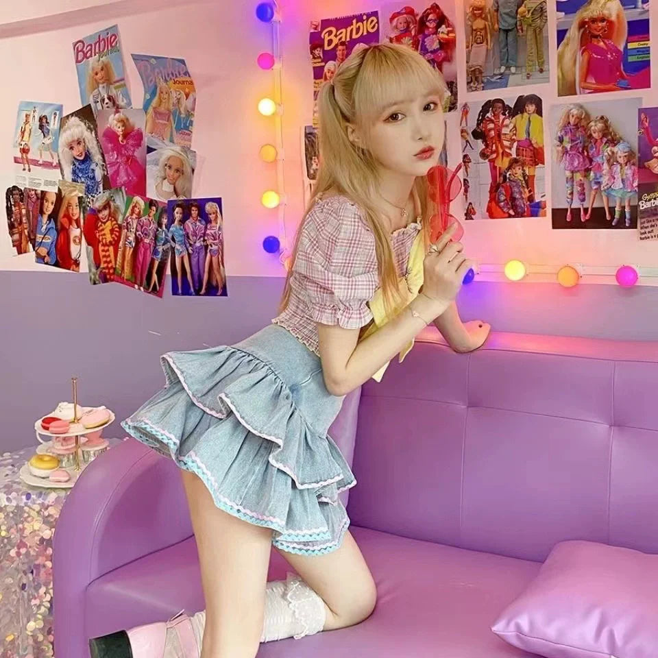 Denim Puff Cake Skirt Subculture Y2K E-girl Japanese Cute High-Waisted Slimming Fluffy Skirt (Summer)