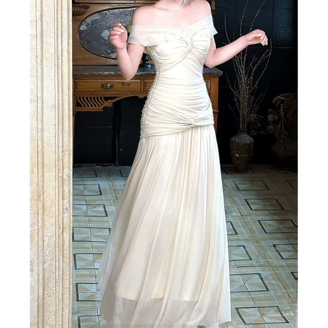 French Mesh One Shoulder Evening Gown Dress