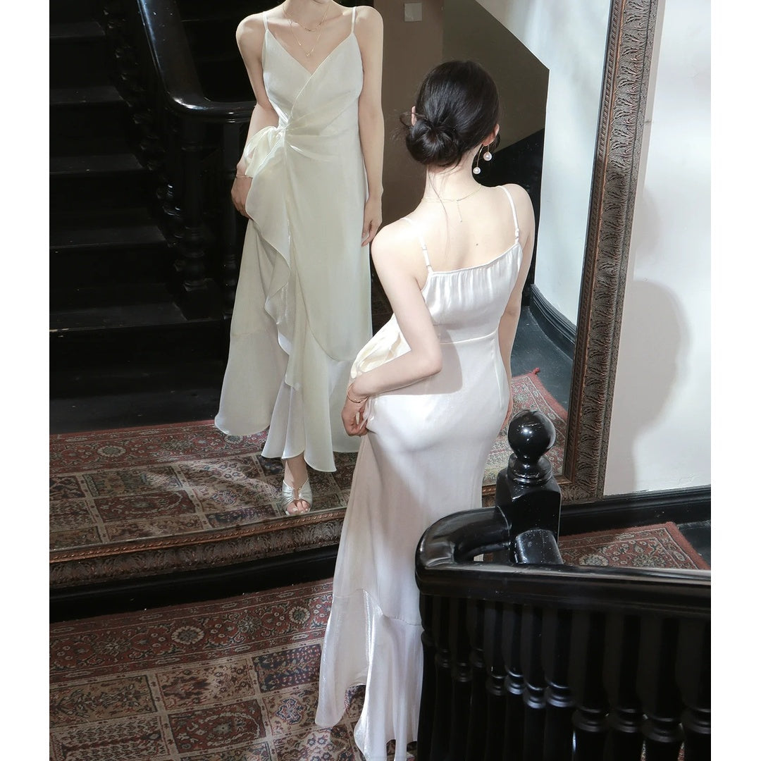 French Satin Spaghetti Gown Dress – High-End Fitted Party Dress