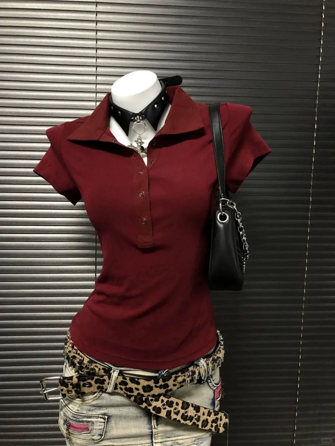 Burgundy Subculture Y2K E-girl Abi American Retro Polo-Collar Regular-Shoulder Waist-Cinched Short Sleeve Top