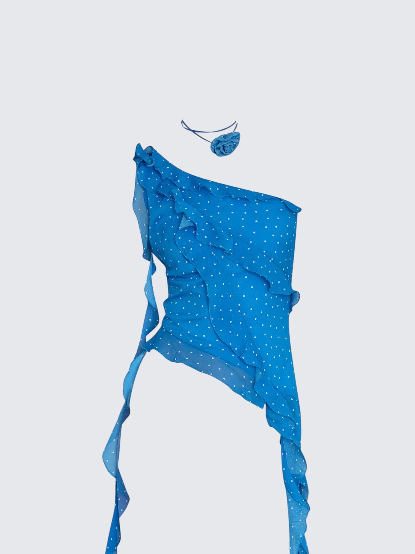 French Blue Polka Dot Asymmetrical Shoulder Cami