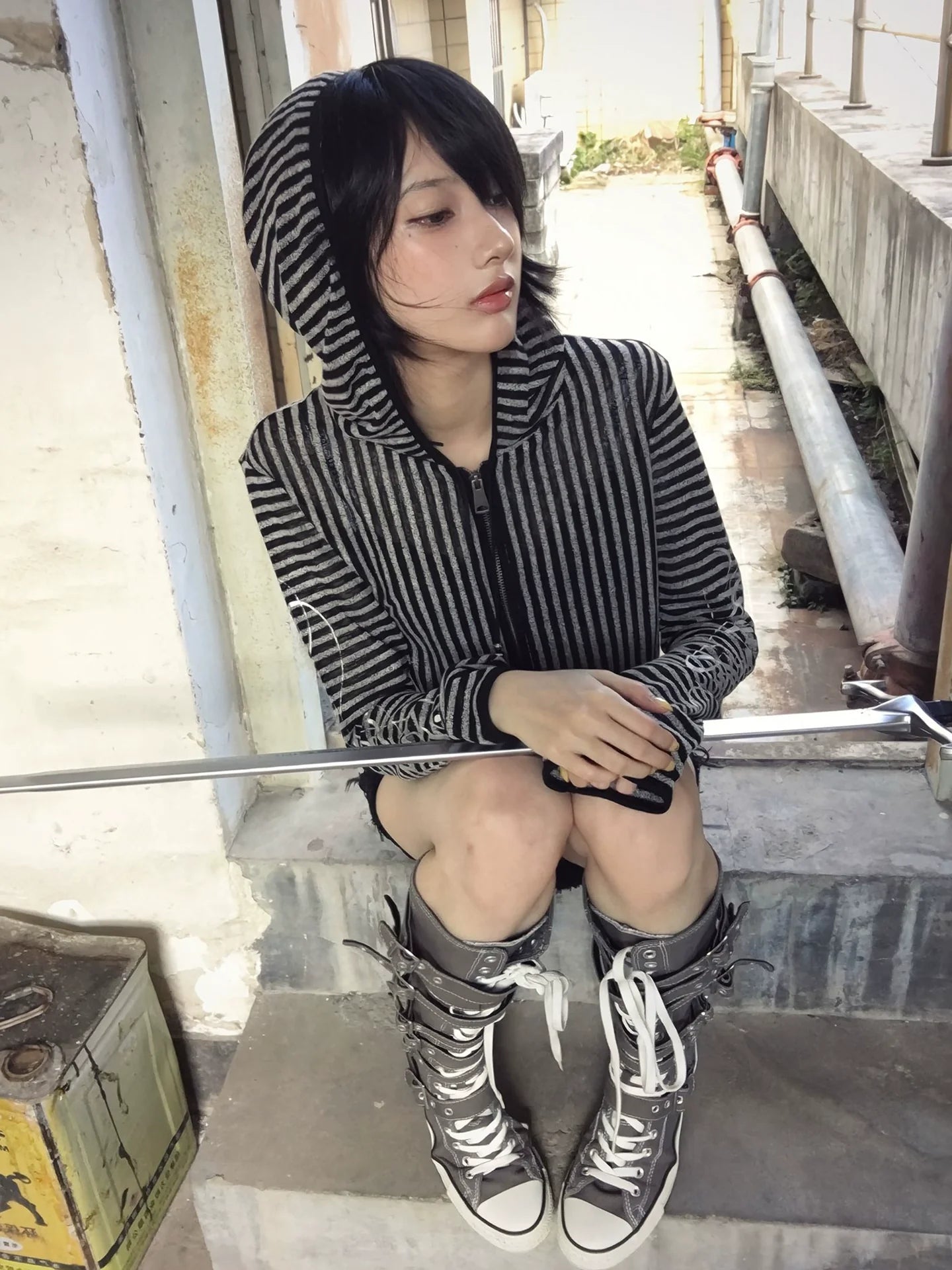 Y2K Striped Hooded Cutout Cardigan