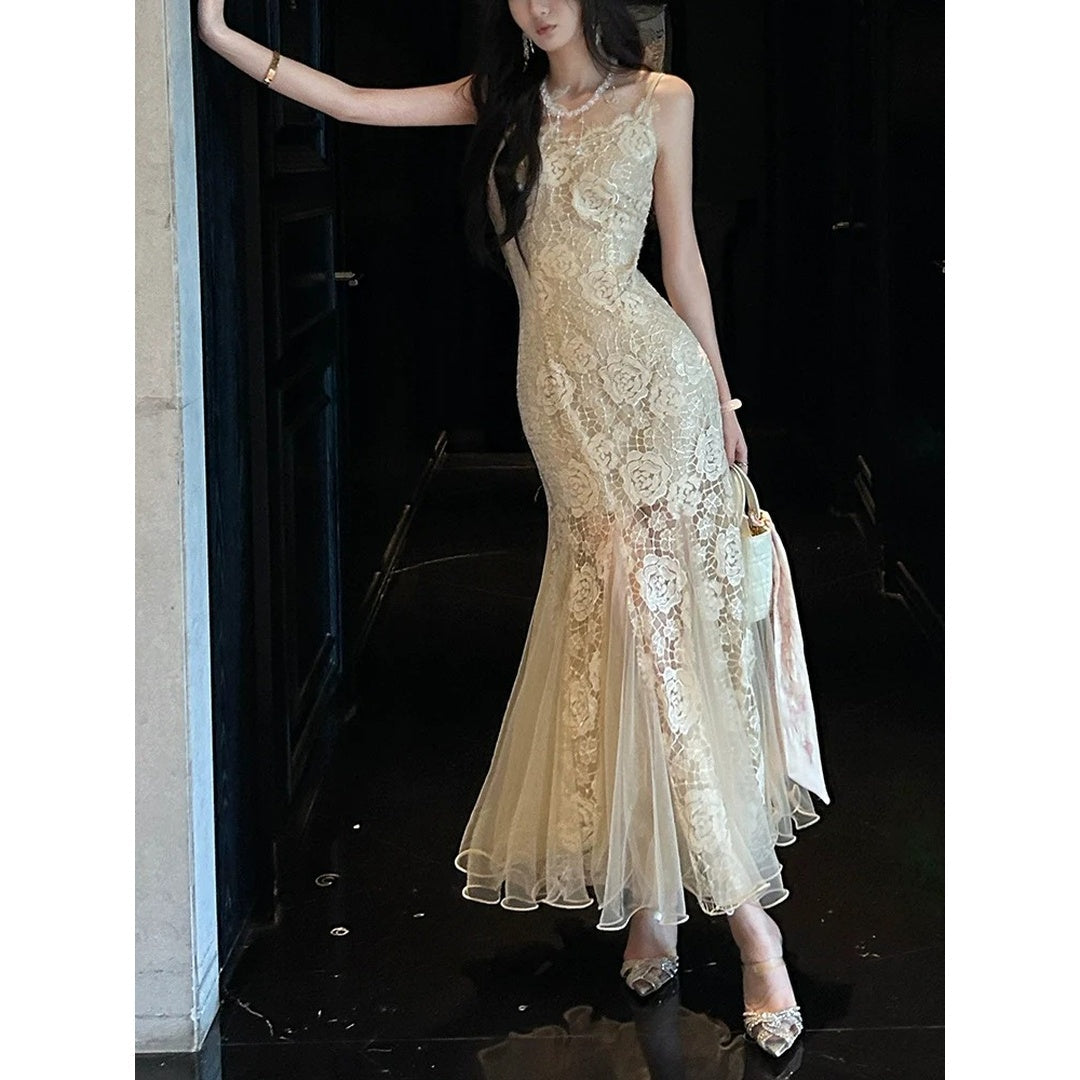 Elegant Rose Lace Mermaid Gown Dress