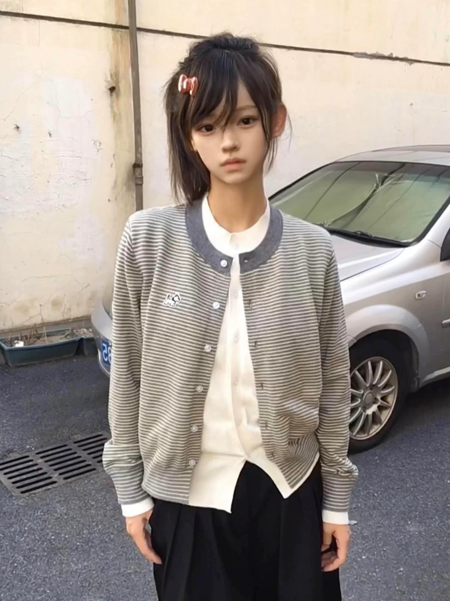 Korean Preppy Striped Knit Cardigan Autumn Loose Fit Layered Sweater Top