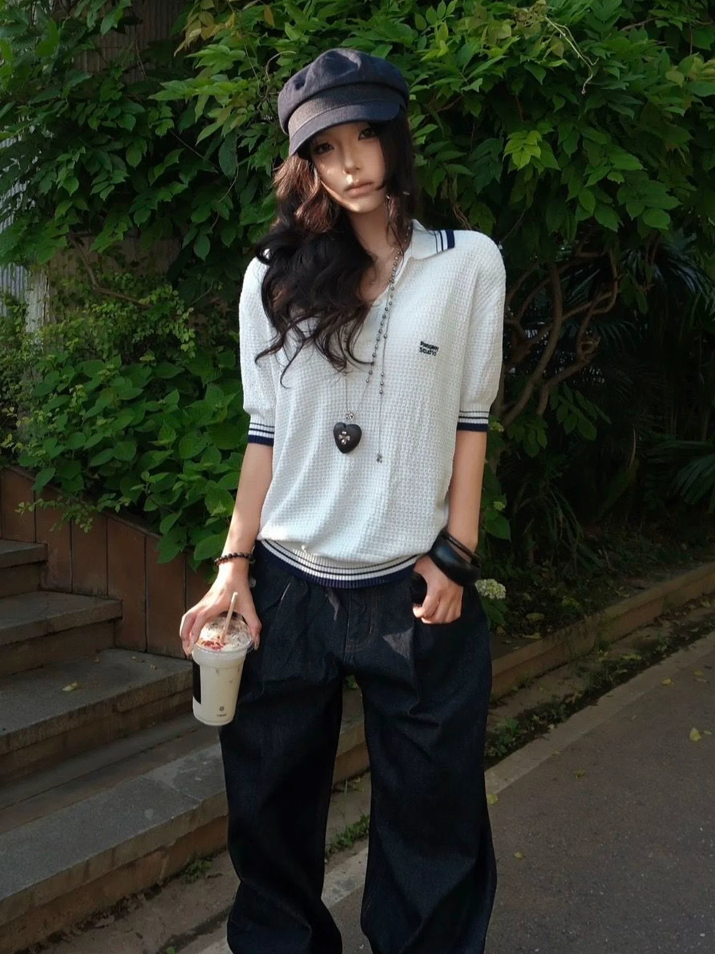 White Cutout V Neck Polo Knit Short Sleeve Top