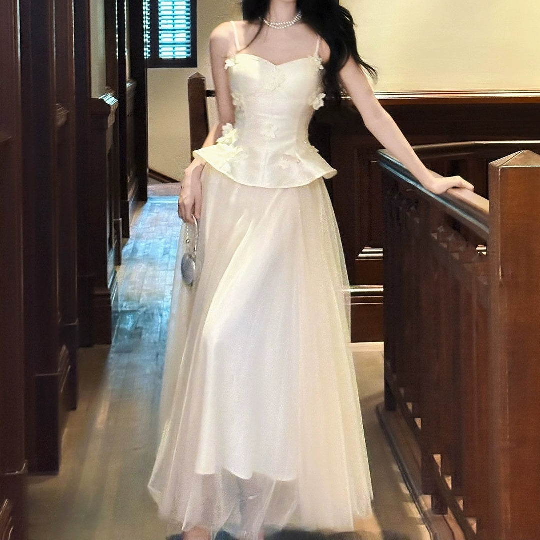 French Satin Halter Fake Two-Piece Gown Dress