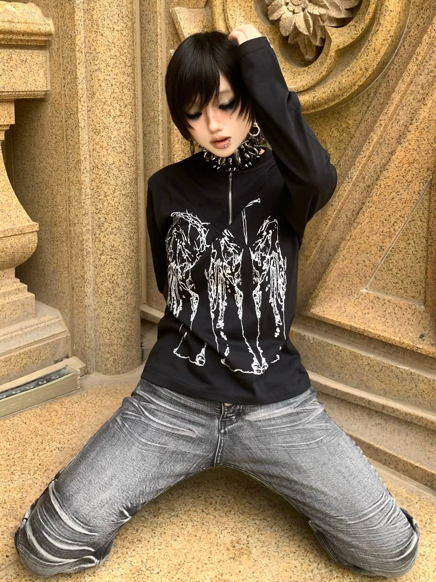 Y2K Black Henley Cross Print Tee