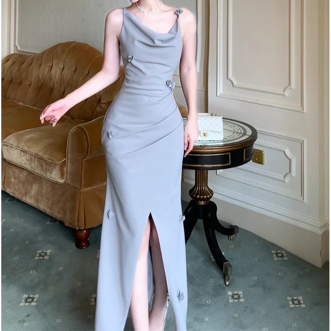 French Sleeveless Waist-Fit Beach Gown Dress – Chic Resort Dress