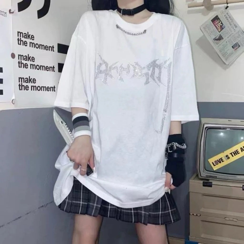 Black Subculture Punk Hip-Hop Y2K E-girl Rhinestone Chain Oversized Short Sleeve Top