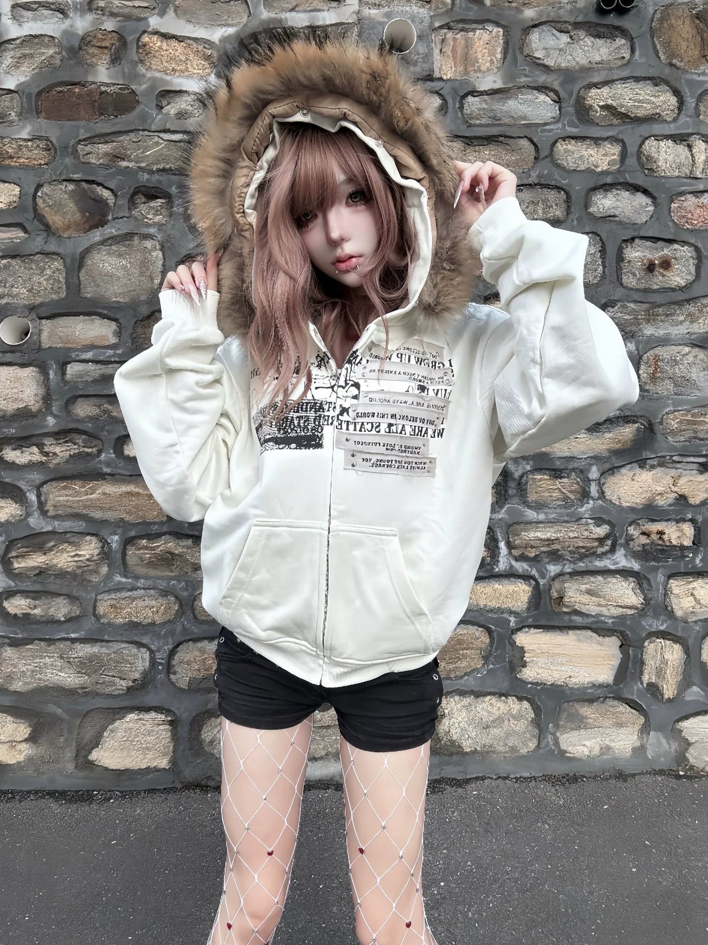 Y2K Floral Fur Collar Hoodie Zip-Up for Autumn Winter
