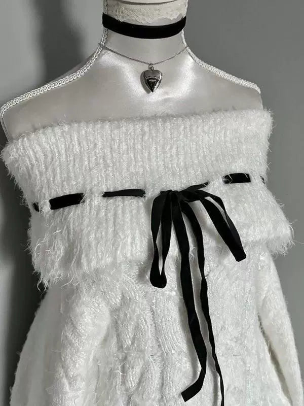 White Y2K Retro Tie-Collar Off-The-Shoulder Sweater