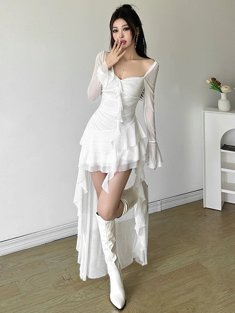 Sweet & Edgy Retro Flowing Square-Neck Tulle Ruched Cinched Waist Asymmetrical Dress