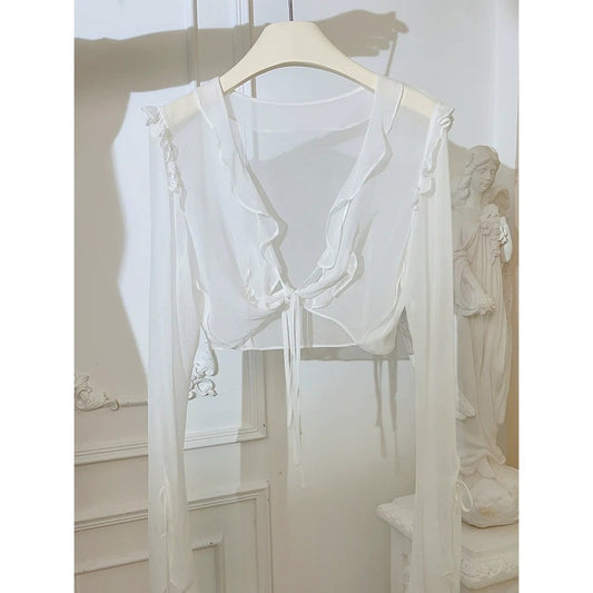 White Silk Summer Ruffle Cardigan – Lightweight Long Sleeve Top