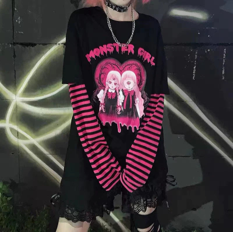 Black Subculture Punk Y2K E-girl Harajuku Manga Print Fake Two-Piece Oversized Top