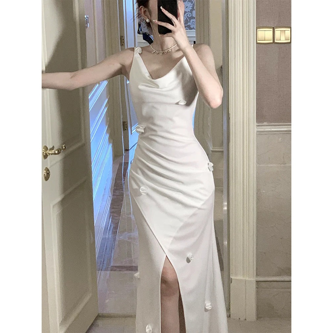French Slim Fit Spaghetti Strap Slit Gown Dress