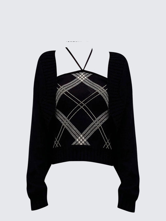 Knitted Plaid Halter Long Sleeve Cardigan Set
