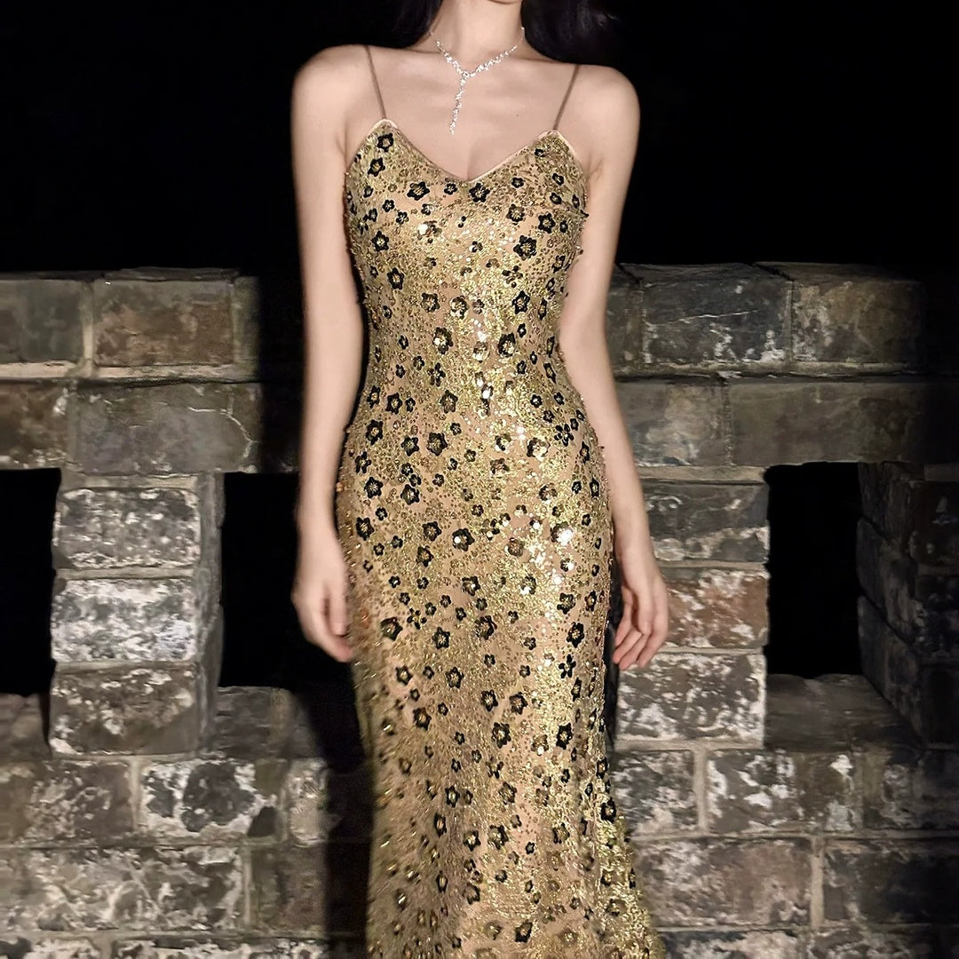 French Luxury Sequin Spaghetti Strap Fishtail Gown Dress