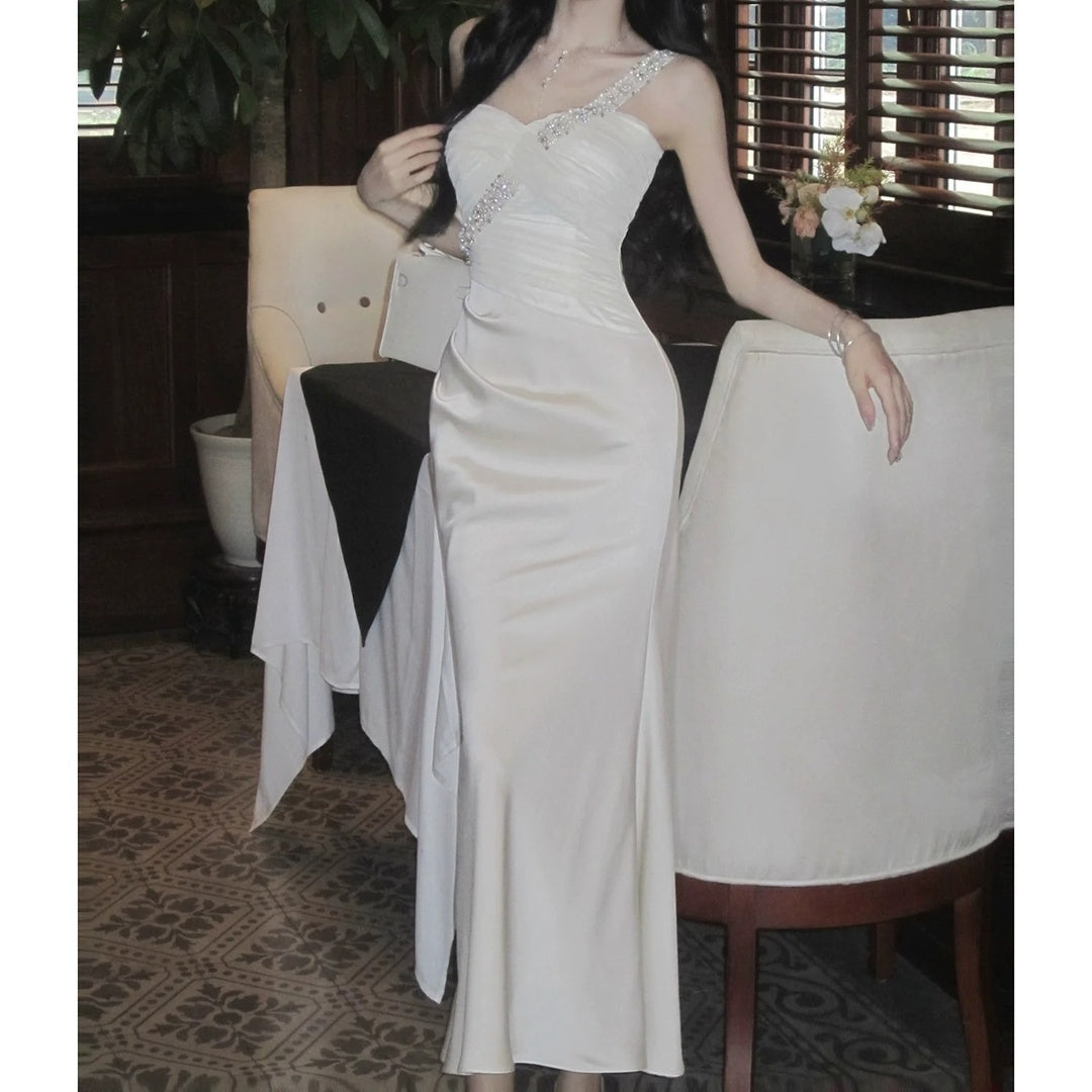 French Small Luxury Satin Asymmetrical Gown Dress – Mermaid Party Dress