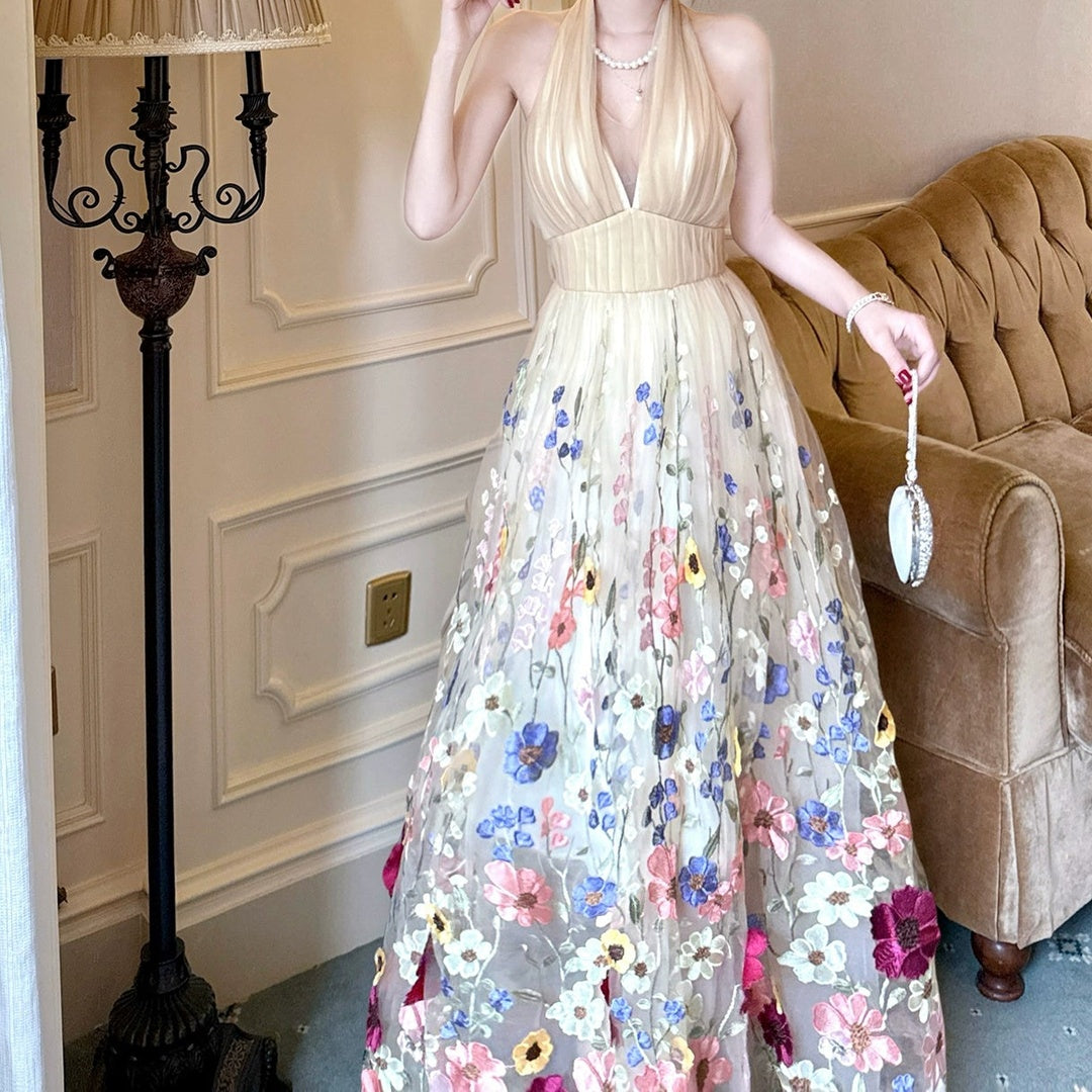 French Embroidered Halter Floral Gown Dress