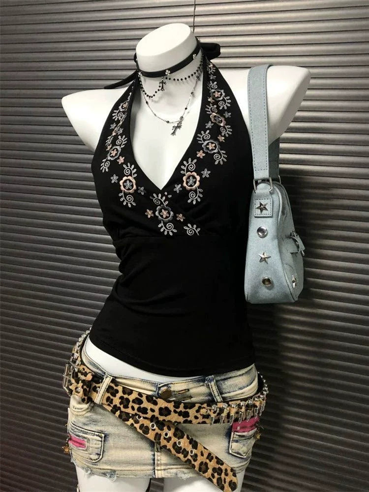 Black American V-Neck Embroidered Halter Backless Y2K Tank Top