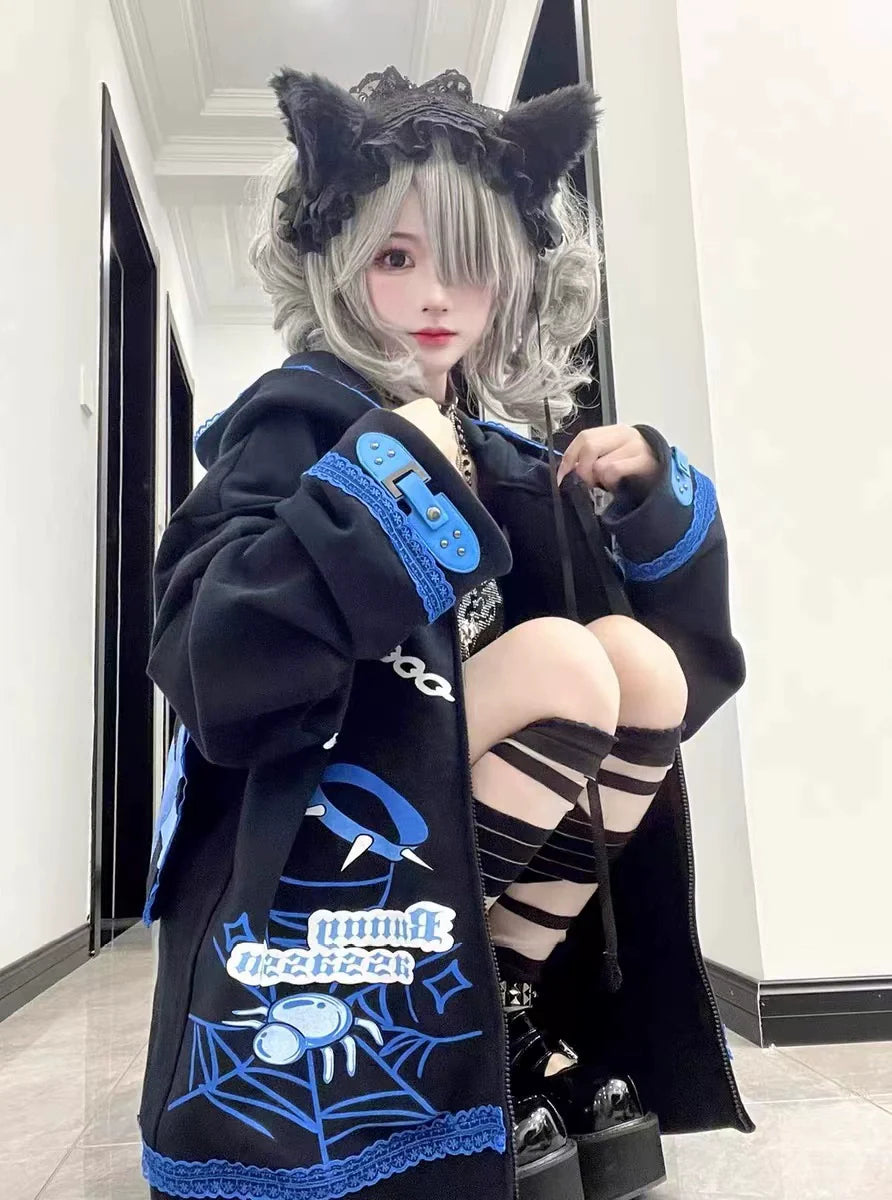 Black Y2K Punk Harajuku   Fleece-Lined Hoodie