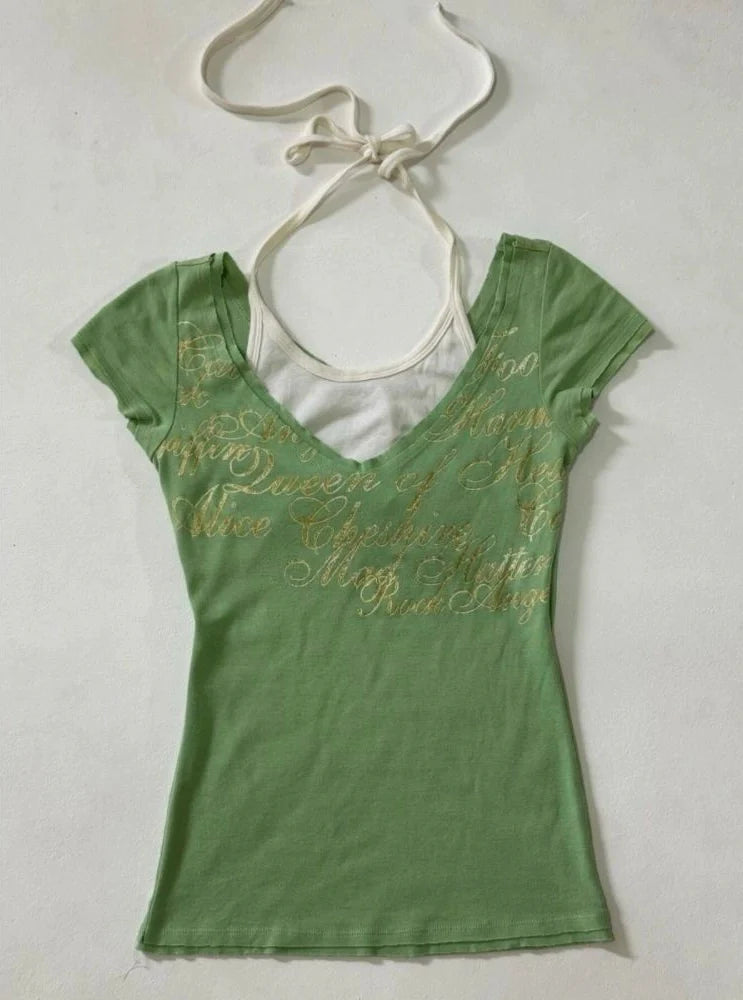 Vintage Green Fake Two-Piece Y2K T-Shirt