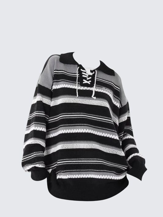 Striped Polo Tie Knit Sweater Women