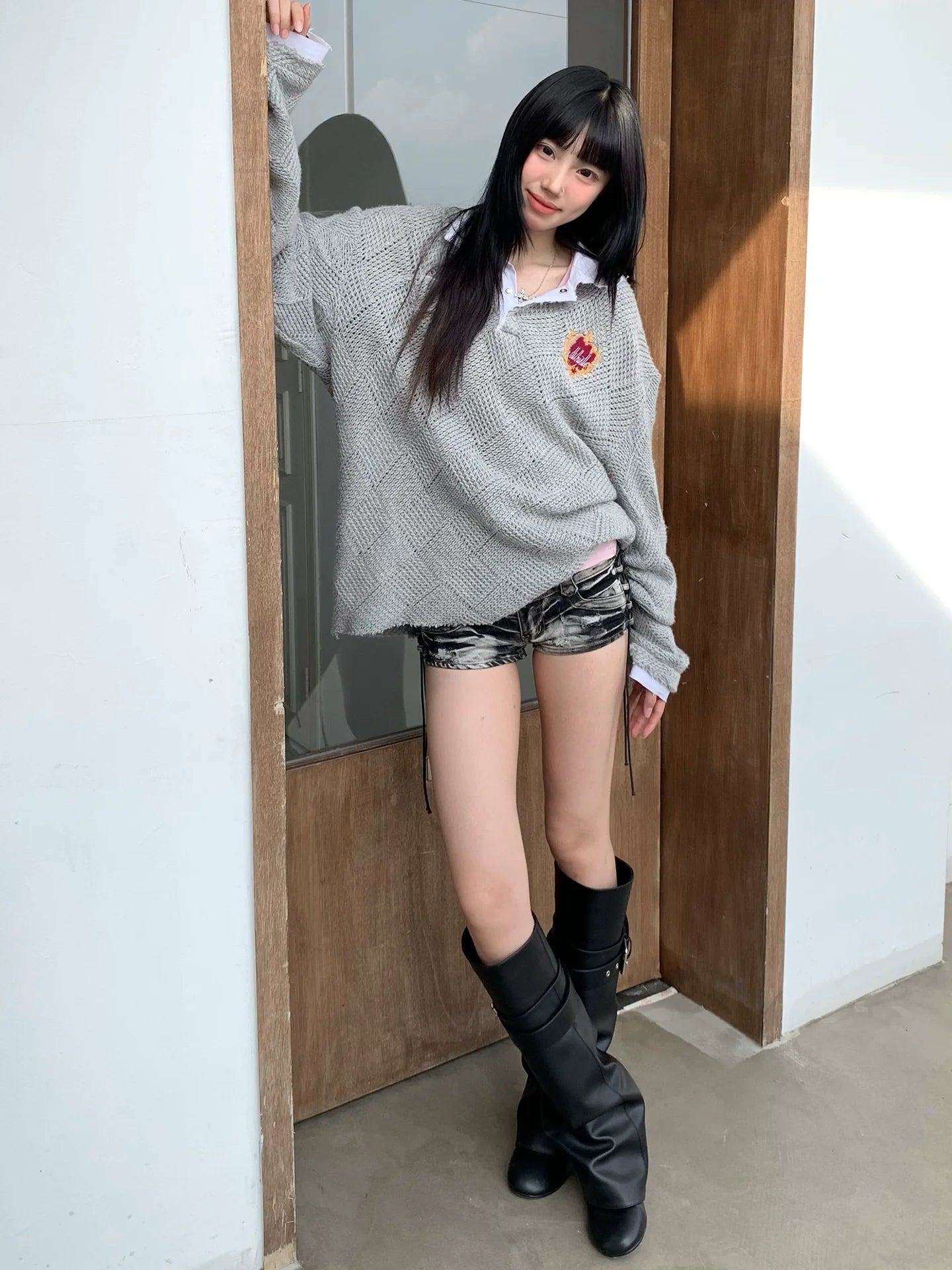 Subculture Argyle Polo Sweater Hollow Knit Layered Design Top