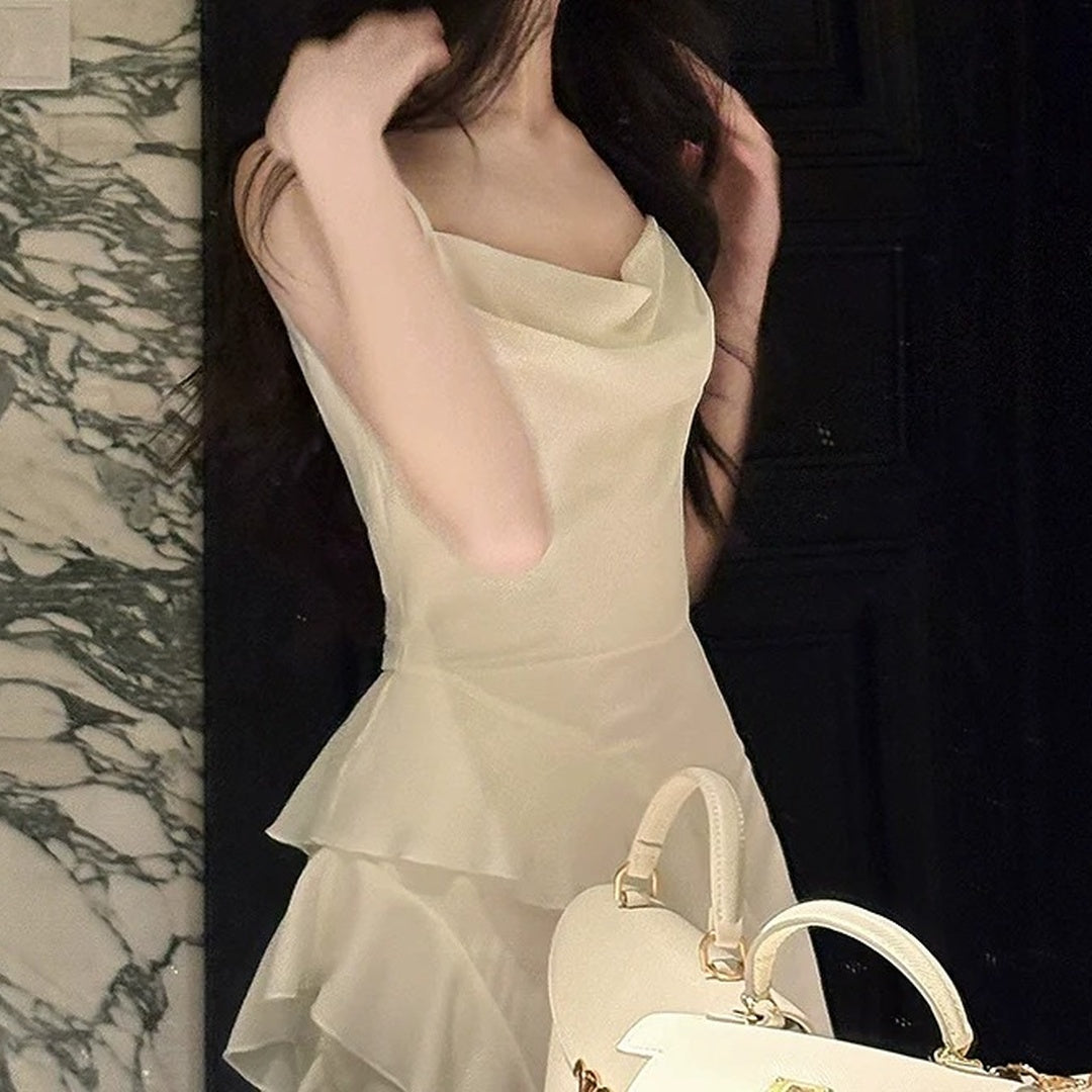 French Asymmetrical Spaghetti Strap Ruffle Gown Dress