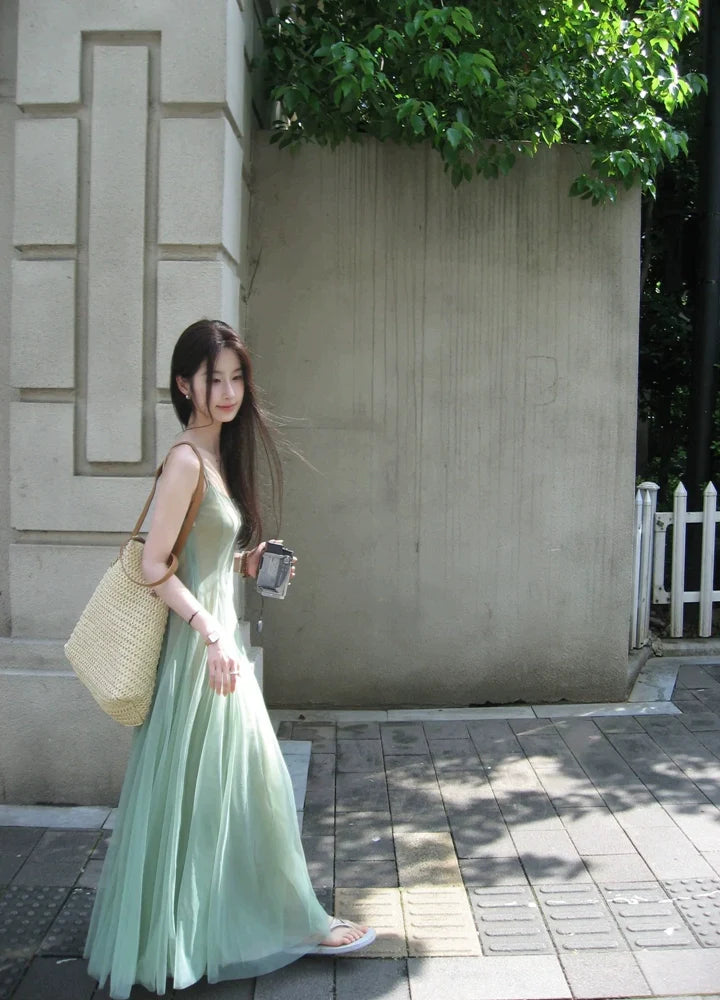Green Mesh Two-Piece Camisole Maxi Dress