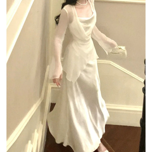 Silk Cardigan Satin Spaghetti Strap Gown Dress Set