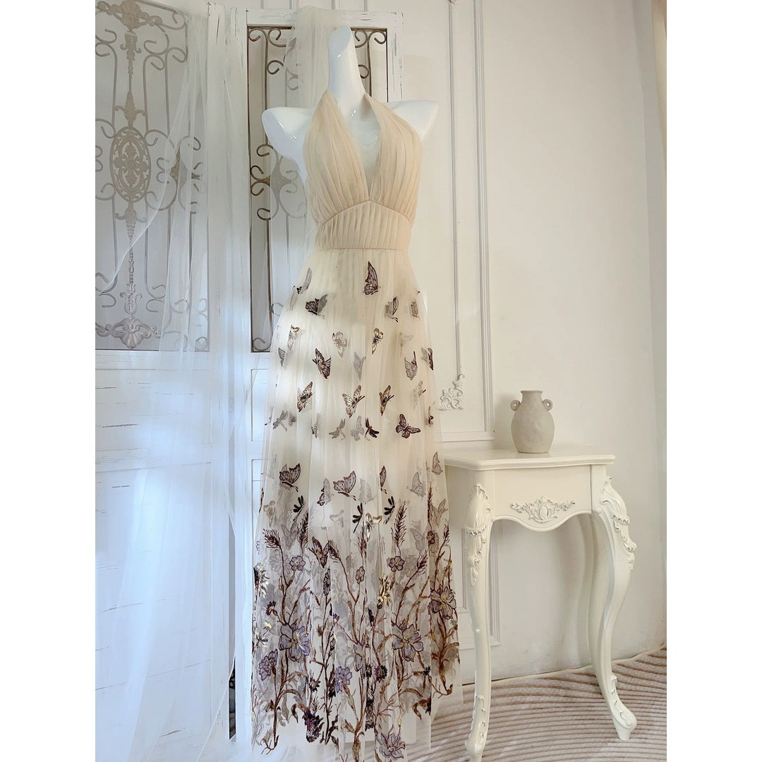 Butterfly Dream V-Neck Spaghetti Gown Dress – French Resort Dress