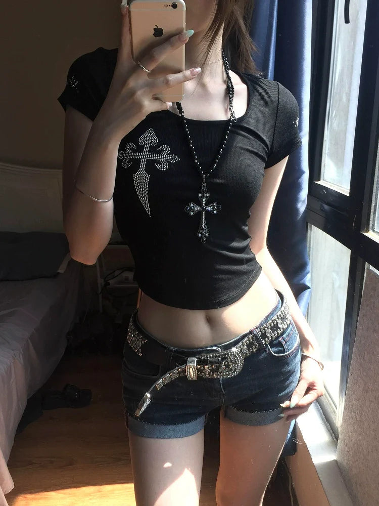 Retro Black Cross Rhinestone Tee