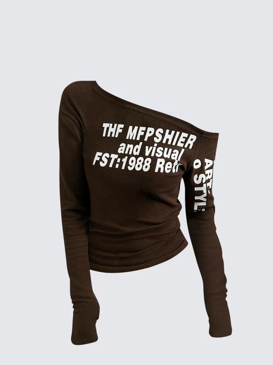 Letter Print Off Shoulder Long Sleeve Tee Women