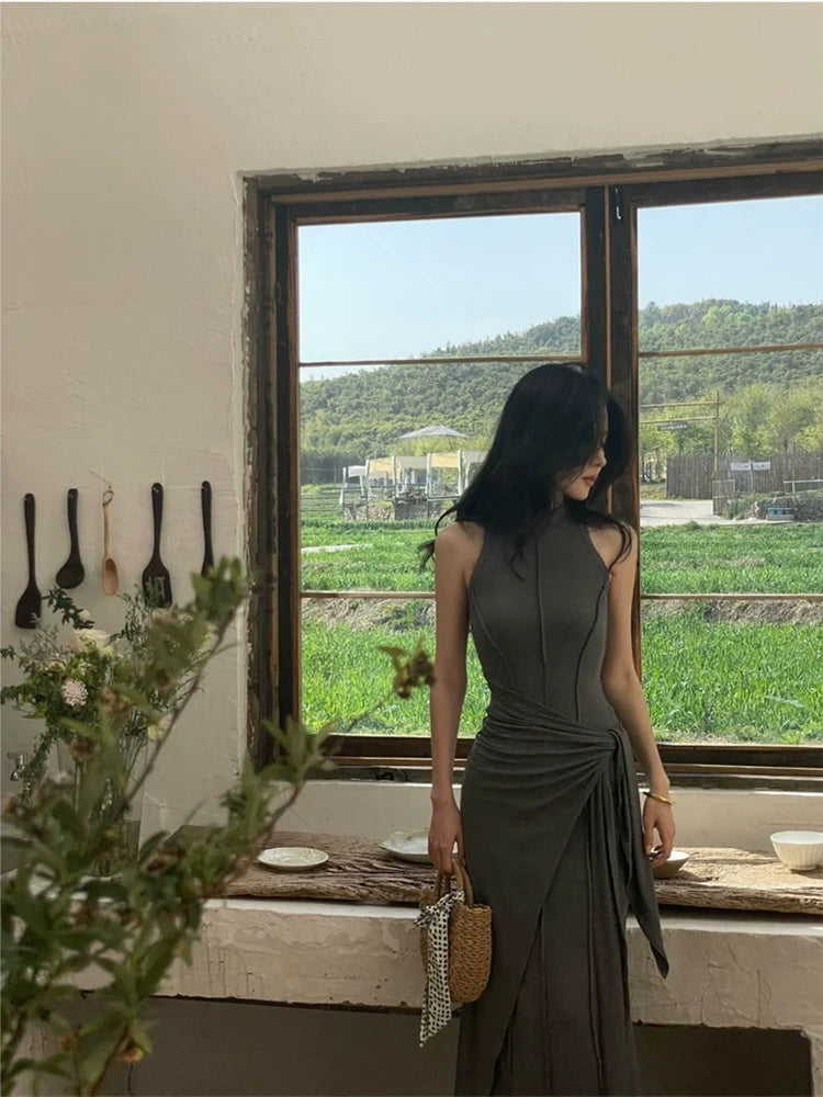 High-End Gray Modal Tank Dress Fake Two-Piece Bodycon