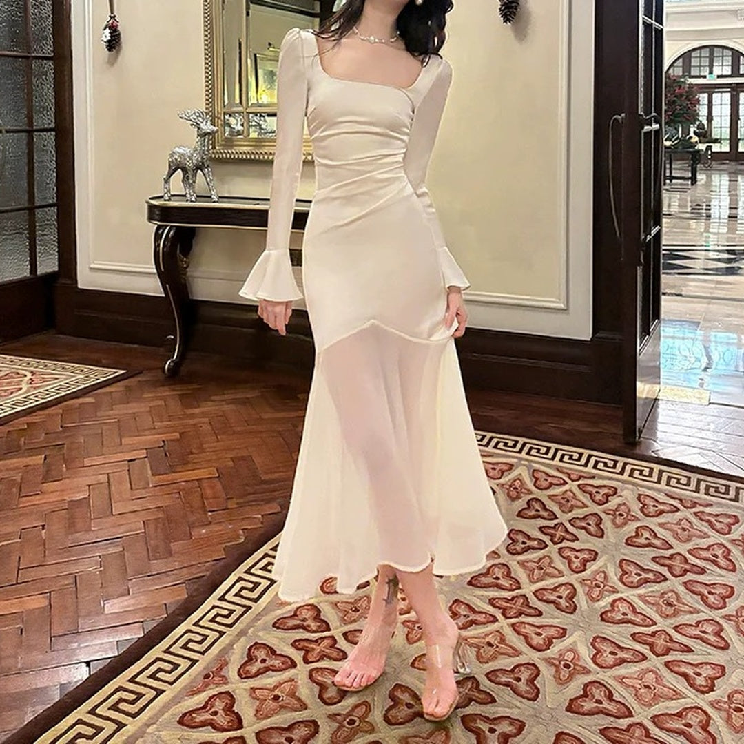 French Satin Long Sleeve Bodycon Mermaid Gown Dress