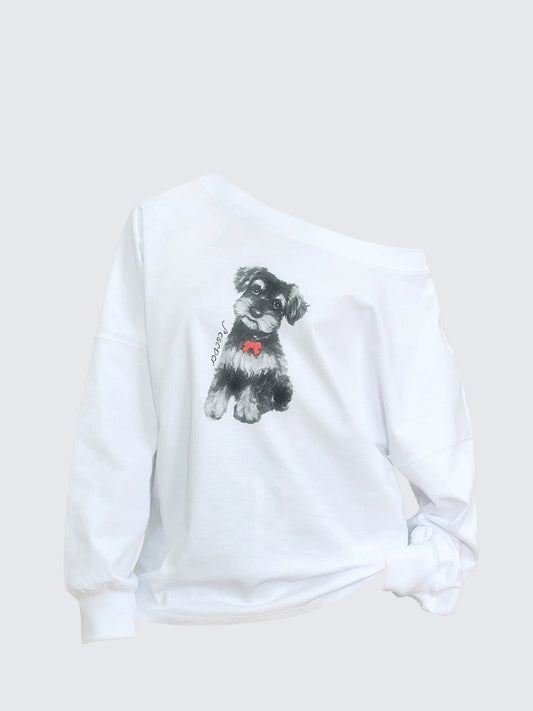 American Dog Print One-Shoulder Heavyweight Hoodie