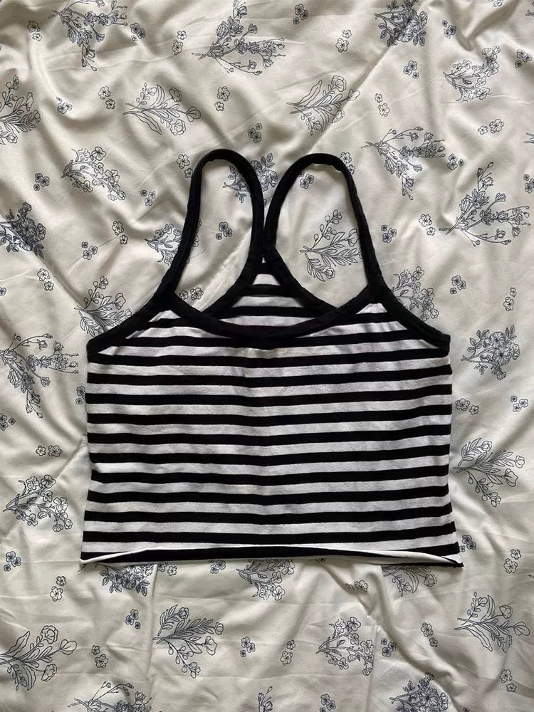 Black Striped V Neck Letter Tee and Cami Y2K Two Pieces Top Set