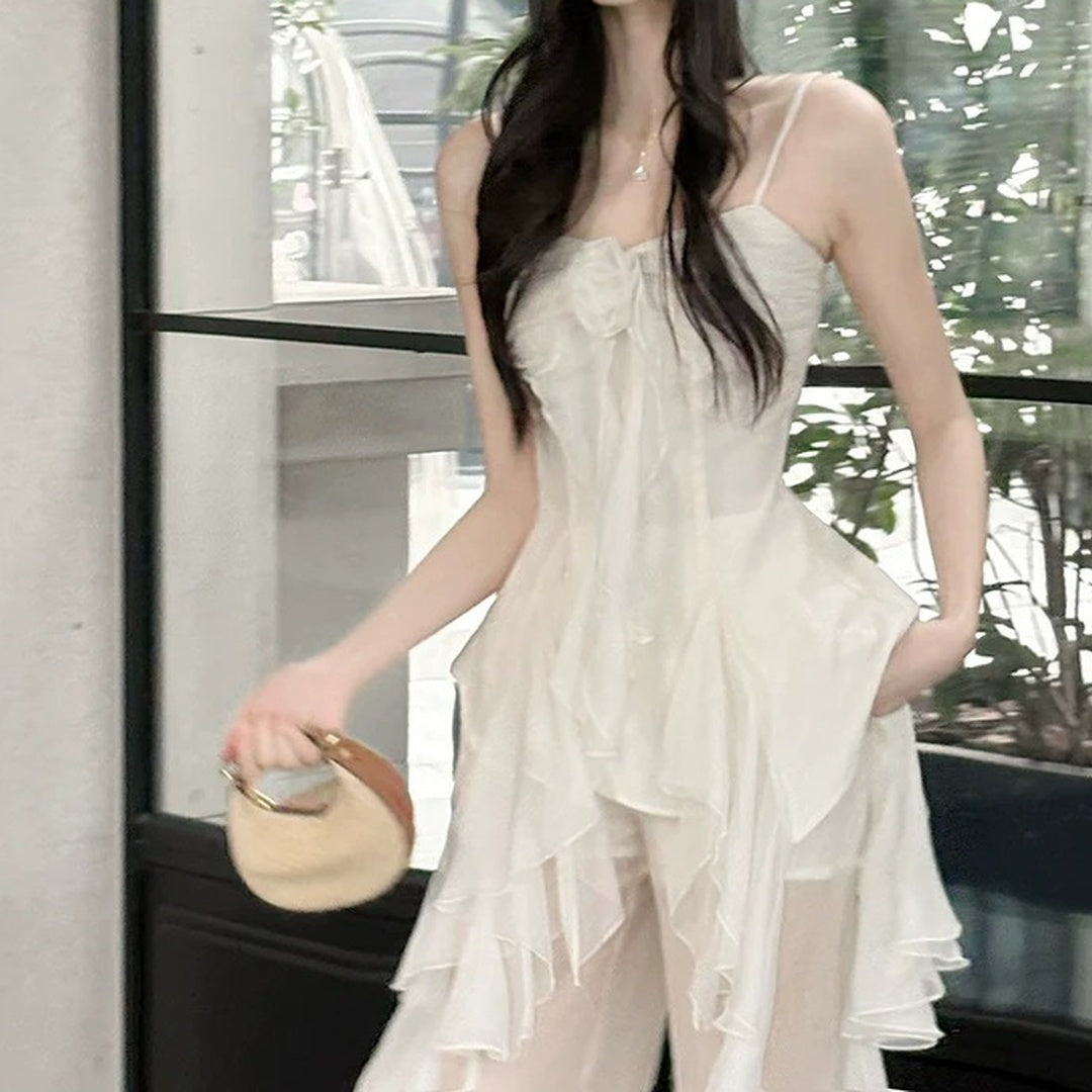 Chiffon Ruffle Strap Top & Pants Vacation Set