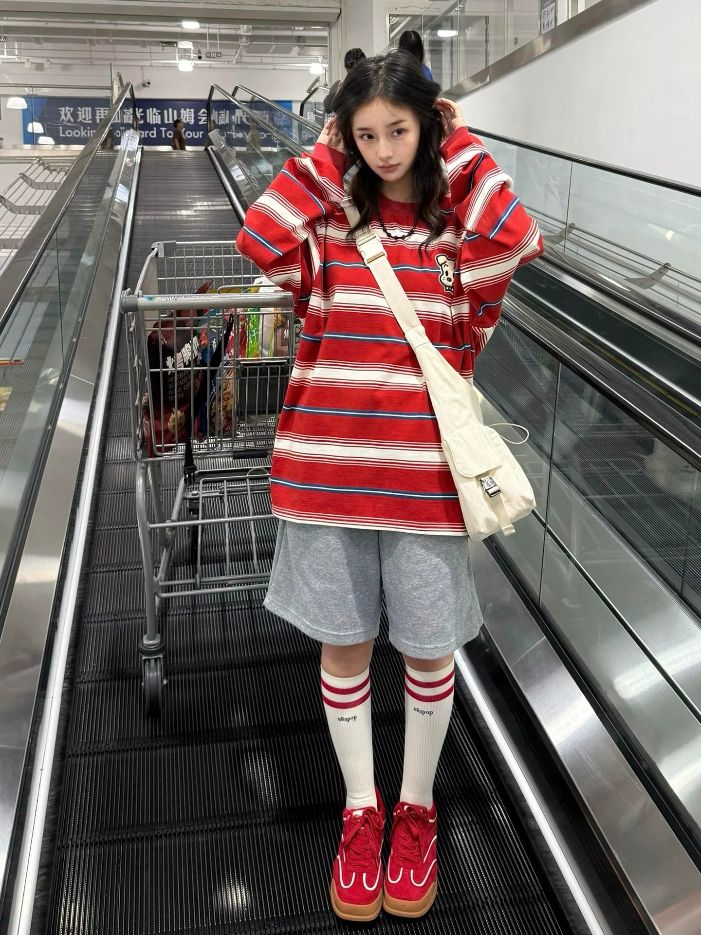 American Vintage Red Stripe Crewneck Sweatshirt Casual Loose Fit College Long Sleeve Top