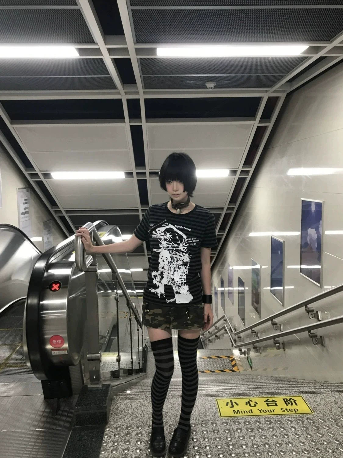 Black & Gray Striped Subculture Punk Y2K E-girl Abi American Retro Skull Short Sleeve Top