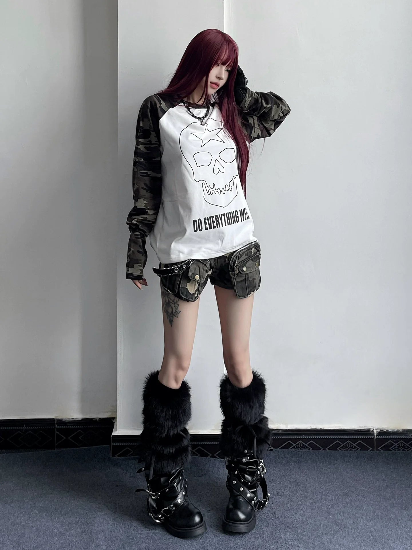 Visual Kei Camo Skull Long Sleeve Tee Autumn Raglan Sleeve Loose Base Top