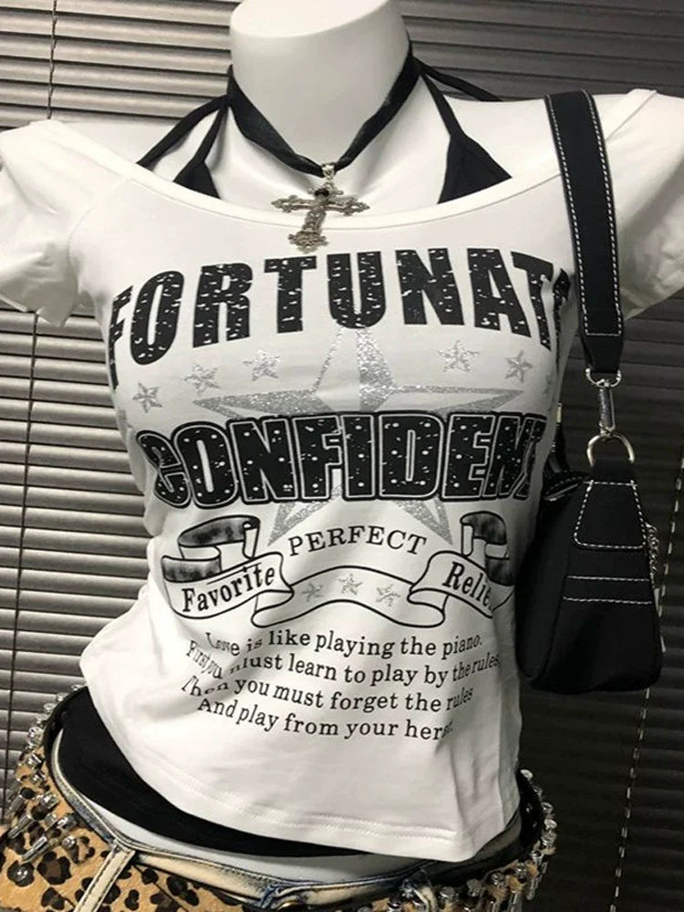 White Letter & Star Fake Two-Piece Tie Rock Punk Y2K T-Shirt